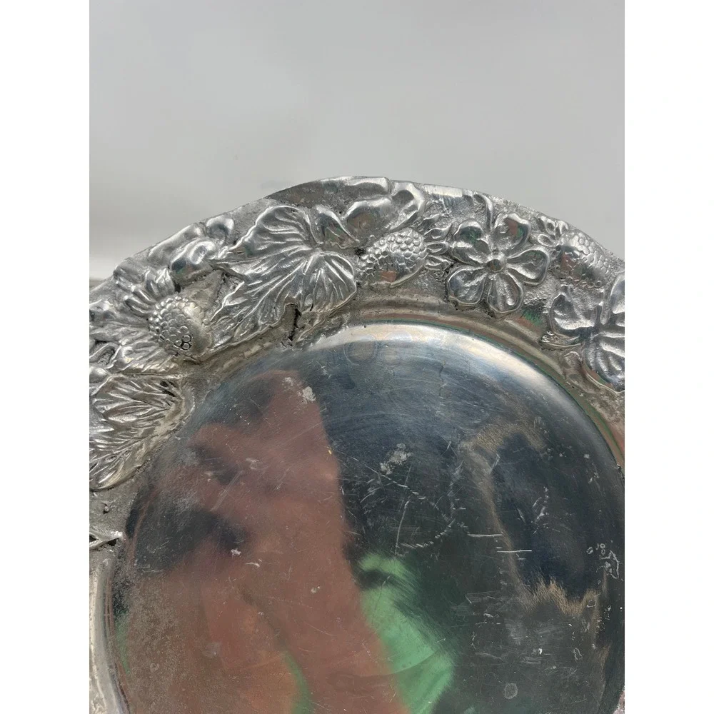 VTG Serving Platter Embossed Strawberries Floral Pewter Style Metal Charger 11.5